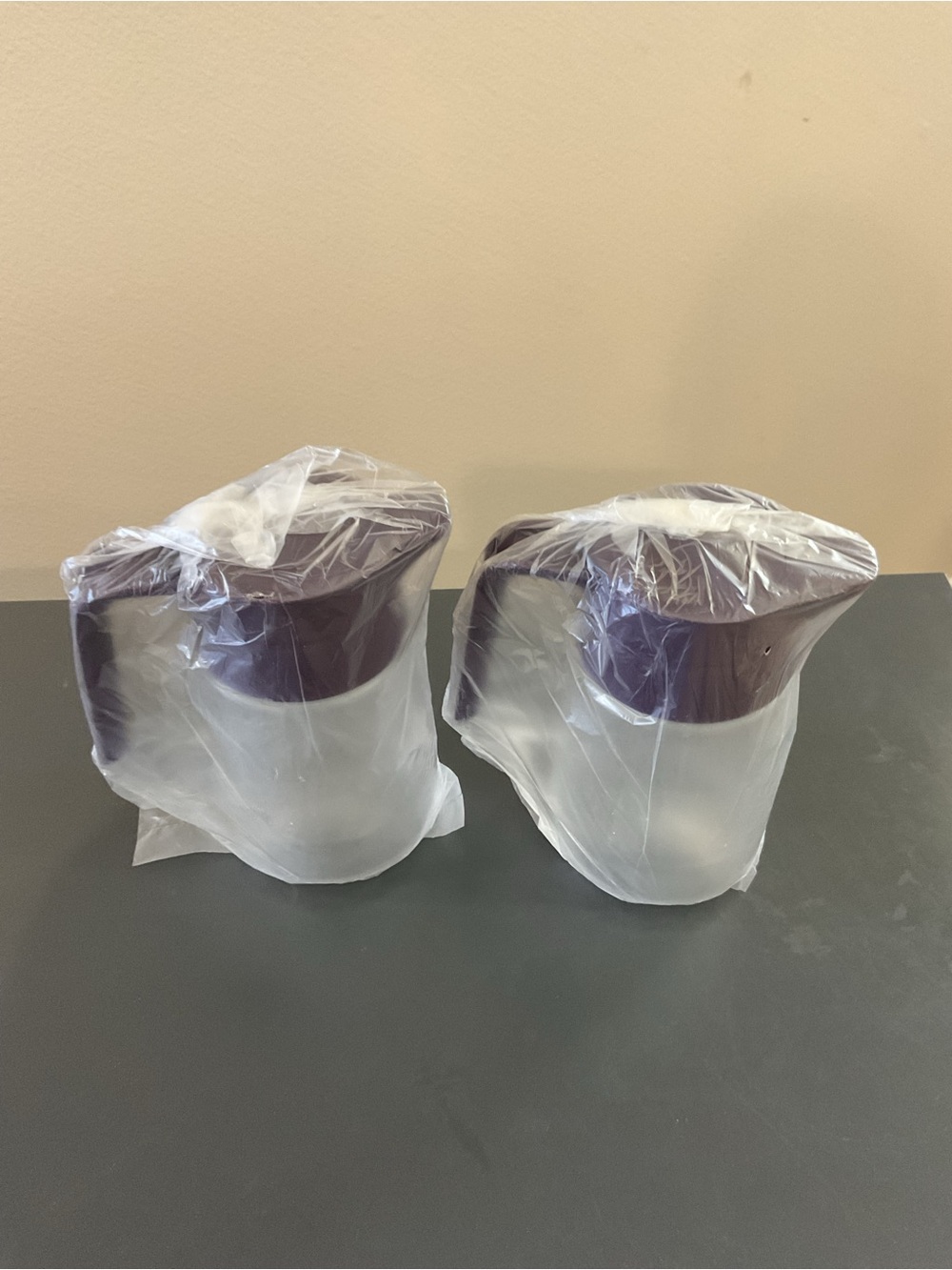 Tupperware Syrup Serving Pitchers  with Purple Lids and Handles - Set of 2
